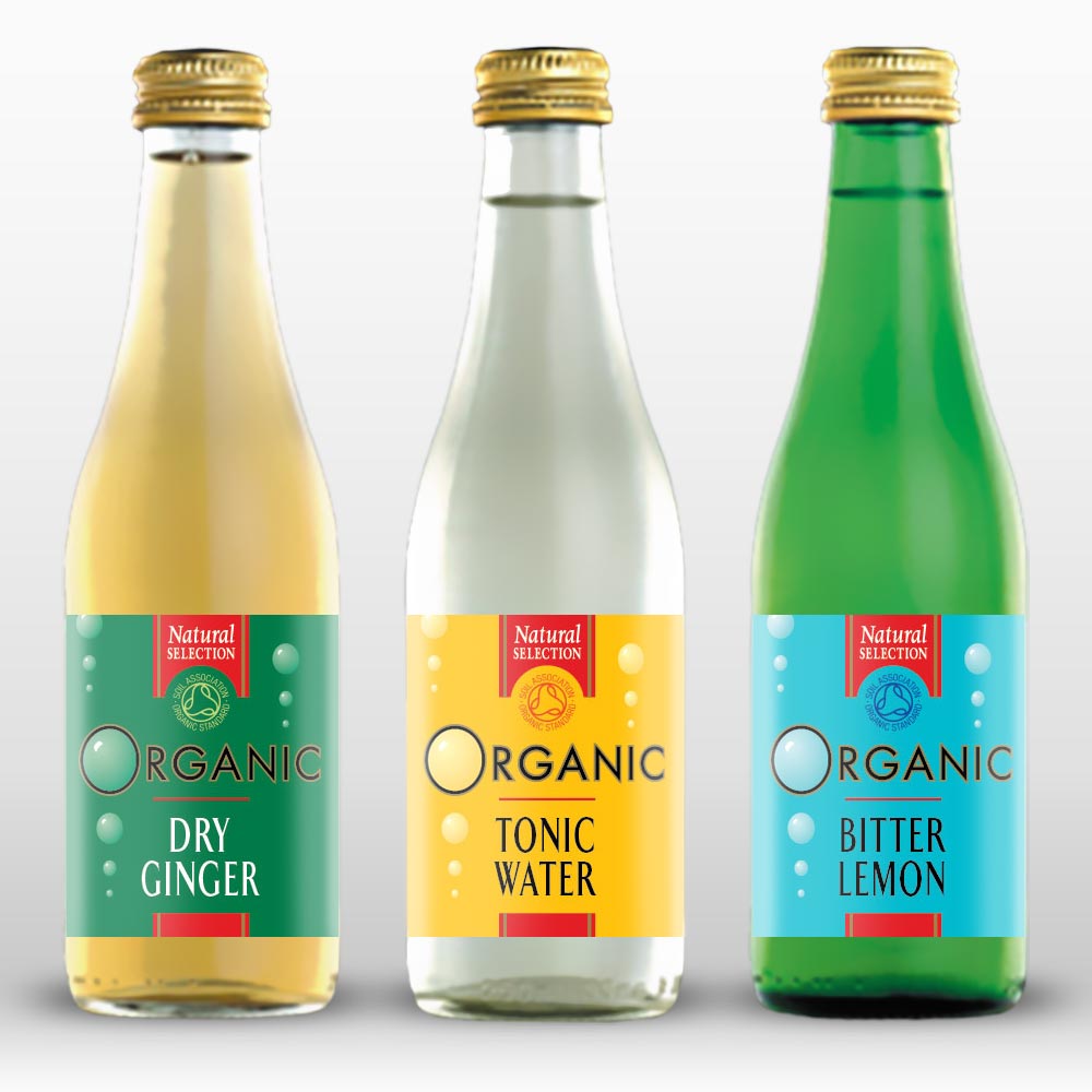 Three bottles with bubble label design, green, yellow and blue