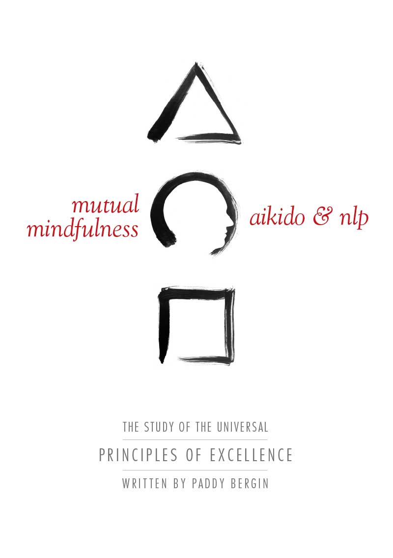 Three brush stroke symbols, triangle, cirlce and square, displayed vertically and representing aikido, the circle also forming the shape of a human head